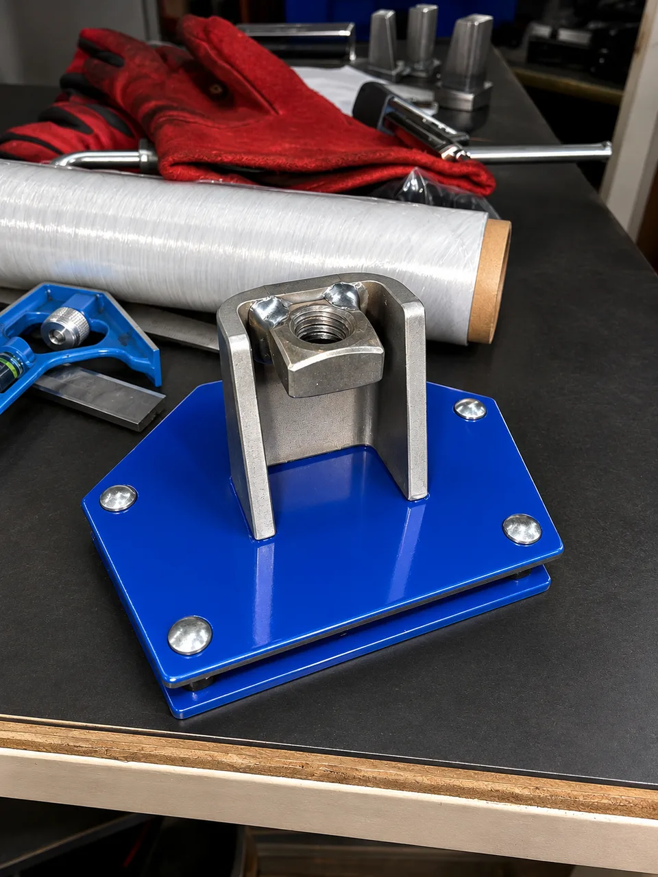 Steel bracket assembly with weld nut on a powder-coated base, produced at RWS