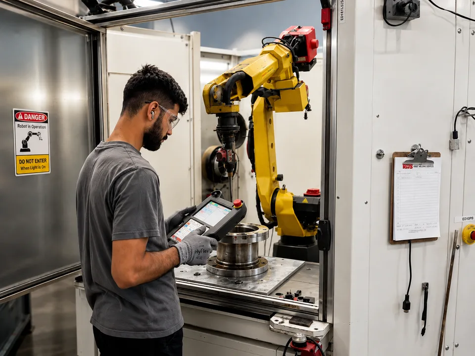 Technician at the control pendant of the RWS FANUC robotic welding cell
