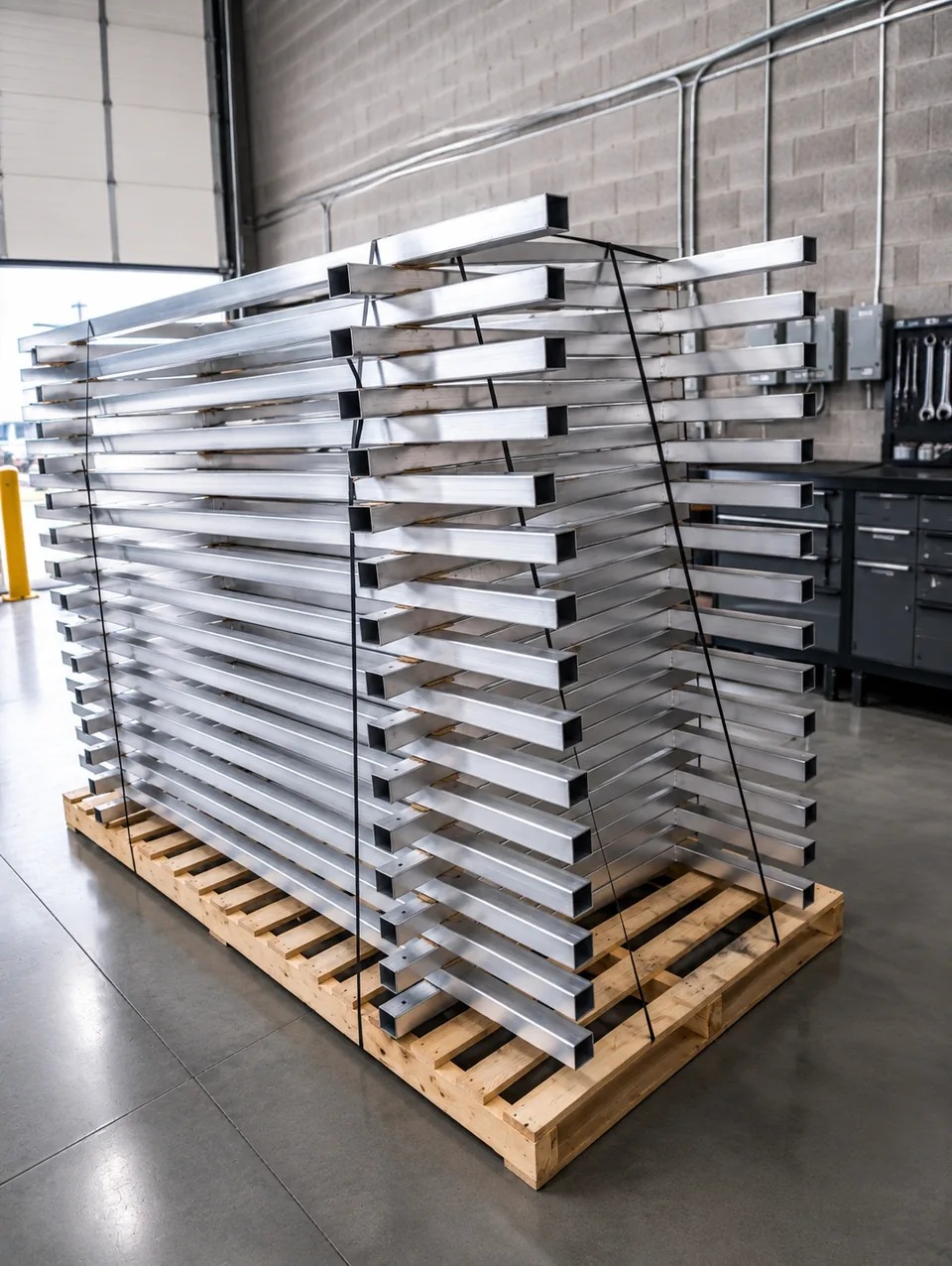 Batch of aluminum handrail and safety rail frames staged on a pallet at RWS