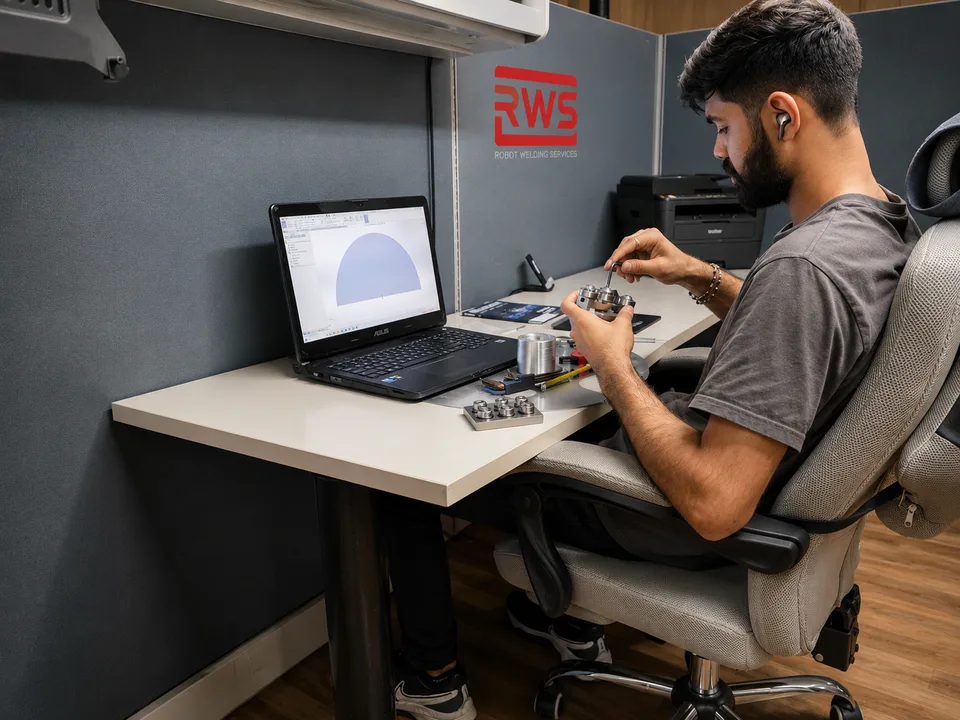 CAD design review with machined components at the RWS engineering desk