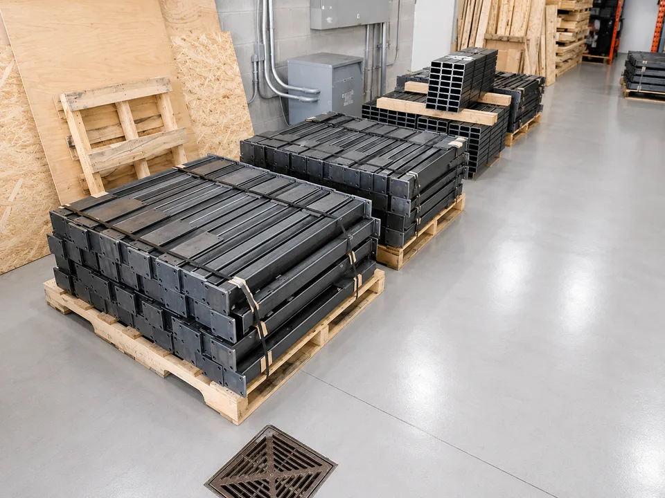 Batches of welded steel tube frames staged on pallets at RWS
